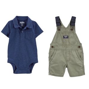 Oshkosh Olive Green & Navy Blue Polo Bodysuit & Overalls Outfit Size 12M